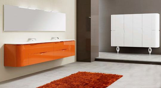 Vienna Contemporary Floating 84" double sink bathroom vanity. Orange glossy