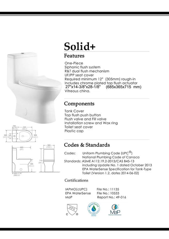 Solid One piece toilet. Vitreous china white. Watersense toilet. Secret Bath