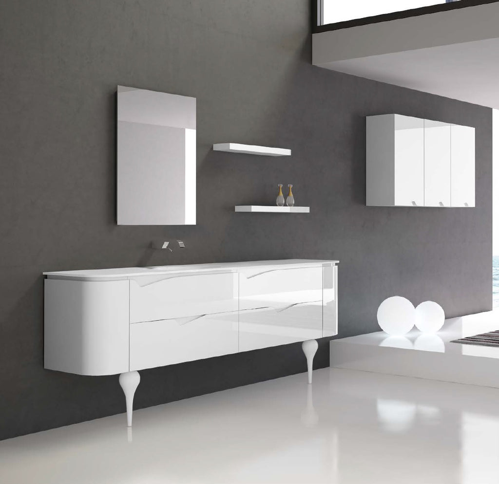 Viena Contemporary Floating 79" single sink bathroom vanity. White glossy
