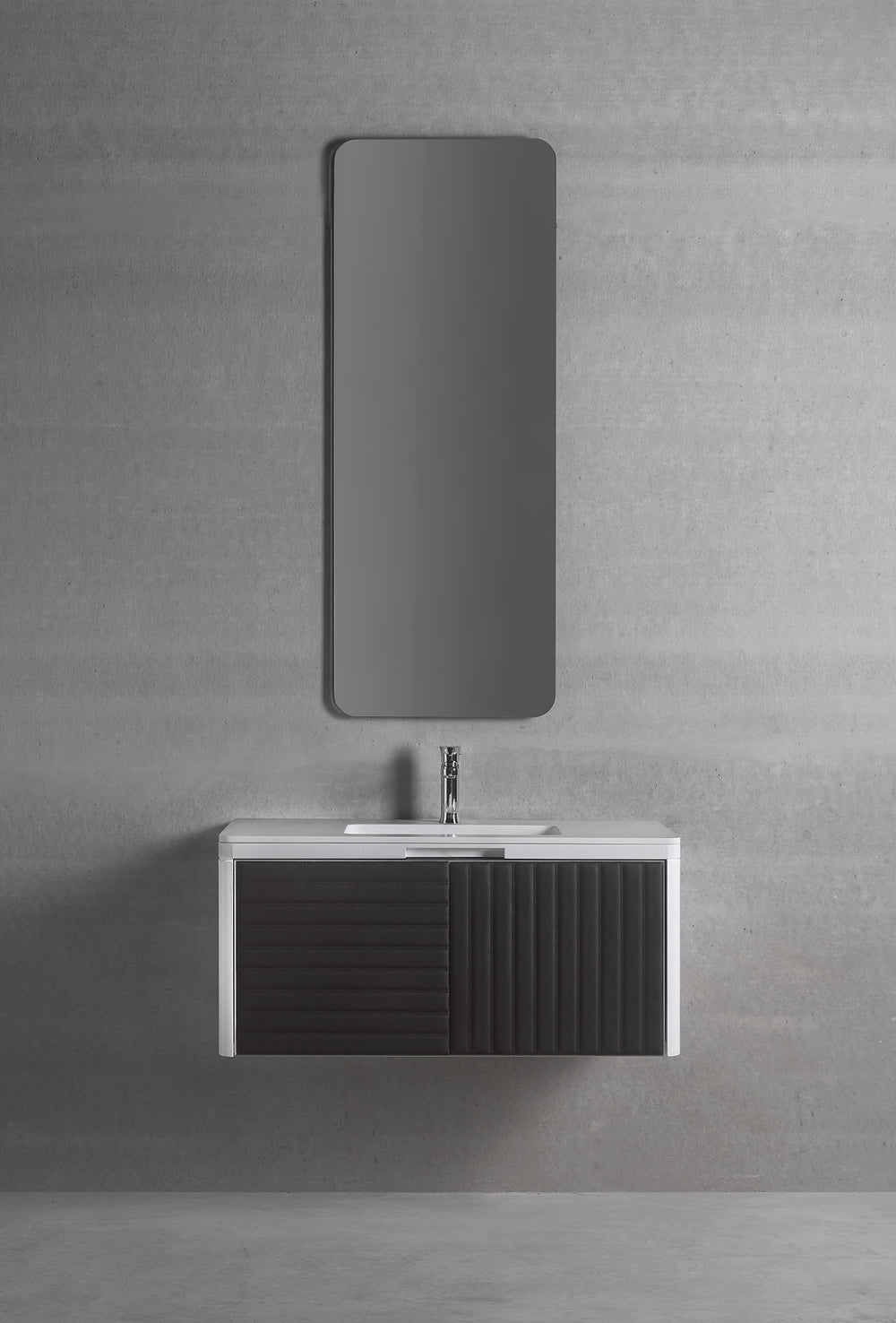 Boston wall mounted bathroom vanity 37". Lacquered and leather.