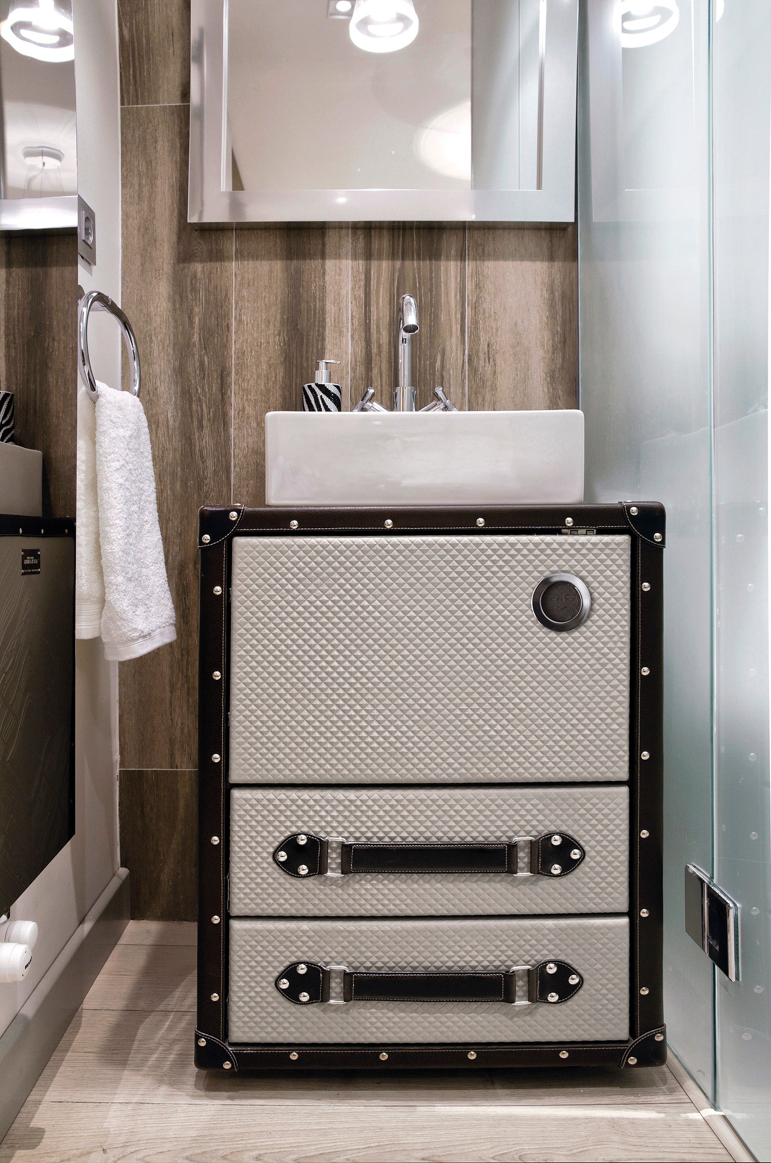 Traveler bathroom vanity 32. Bathroom cabinet leather upholstered. Lu –  secretbathstore
