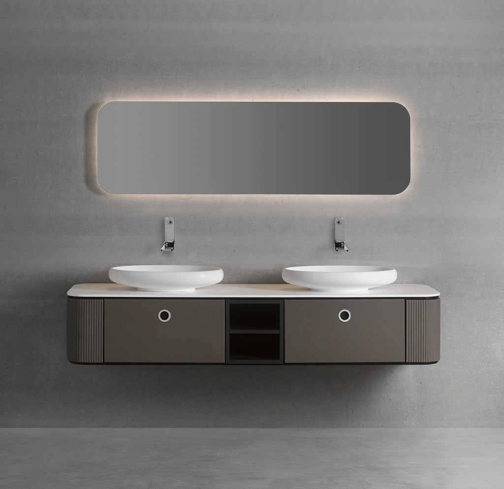 Tubular double sink wall mounted bathroom vanity 75". Brown Leather Upholstery Coleccion Alexandra