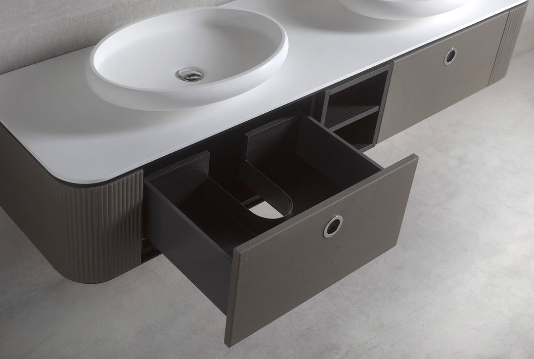 Tubular double sink wall mounted bathroom vanity 75". Brown Leather Upholstery Coleccion Alexandra