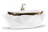 Frontal view of Diamond Bathtub and Gold free standing bathtub faucet. White glossy bathtub.