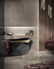 Relaxing enviroment for a master bathroom including a Diamond bathtub, black glossy. Luxury bathtub black and gold and bathtub filler