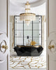 Luxury master bathroom including free standing bathtub. Diamond bathtub made of fiberglass, black glossy.