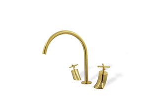 Nau widespread bathroom sink faucet. Polished gold