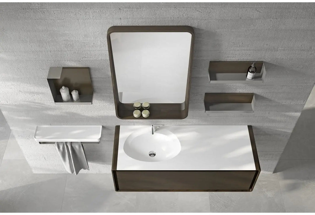 Poeme Contemporary Floating 49" bathroom vanity set. Summit Vulcano finished Secret Bath