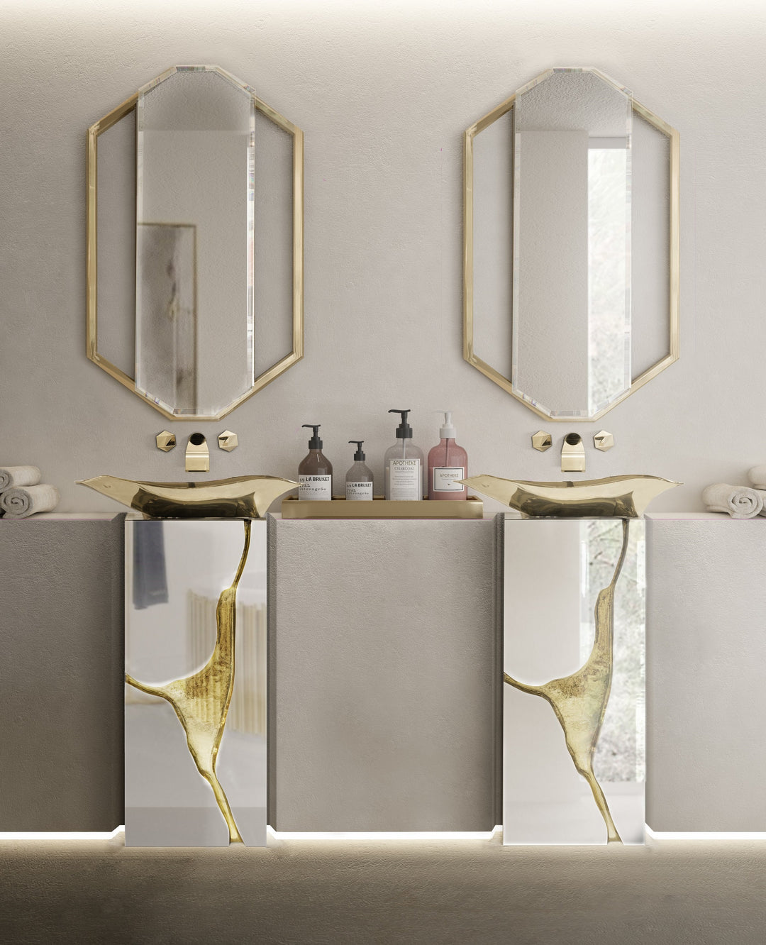 Lapiaz 24" bathroom vanity. Bathroom pedestal with vessel sink. Cast brass sink and decoration. MV