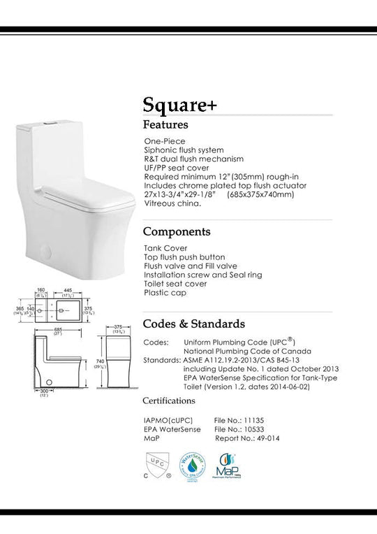 Square One piece toilet. Vitreous china white. Watersense toilet.